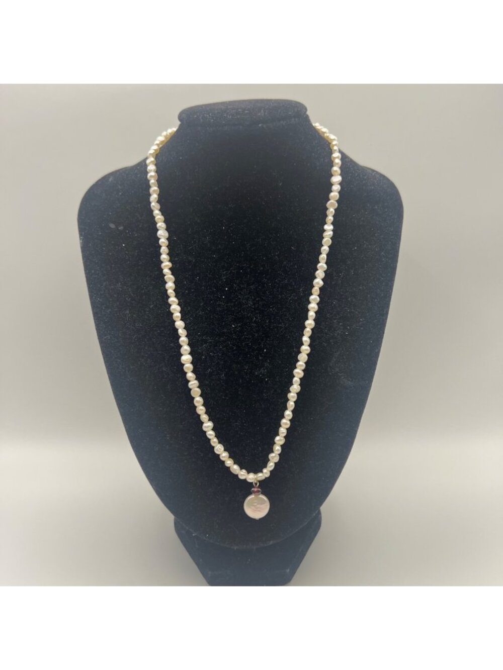 Freshwater Pearl Necklace Sterling Silver Clasp Red Garnet Glass 16.5" Dainty